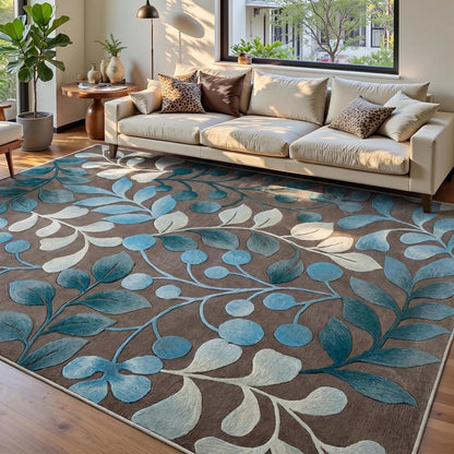 Waschbarer Kurzflor Teppich Braun-Blau 180x250 cm – Rutschhemmend & Weich