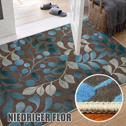 Waschbarer Kurzflor Teppich Braun-Blau 200x300 cm – Rutschhemmend & Weich