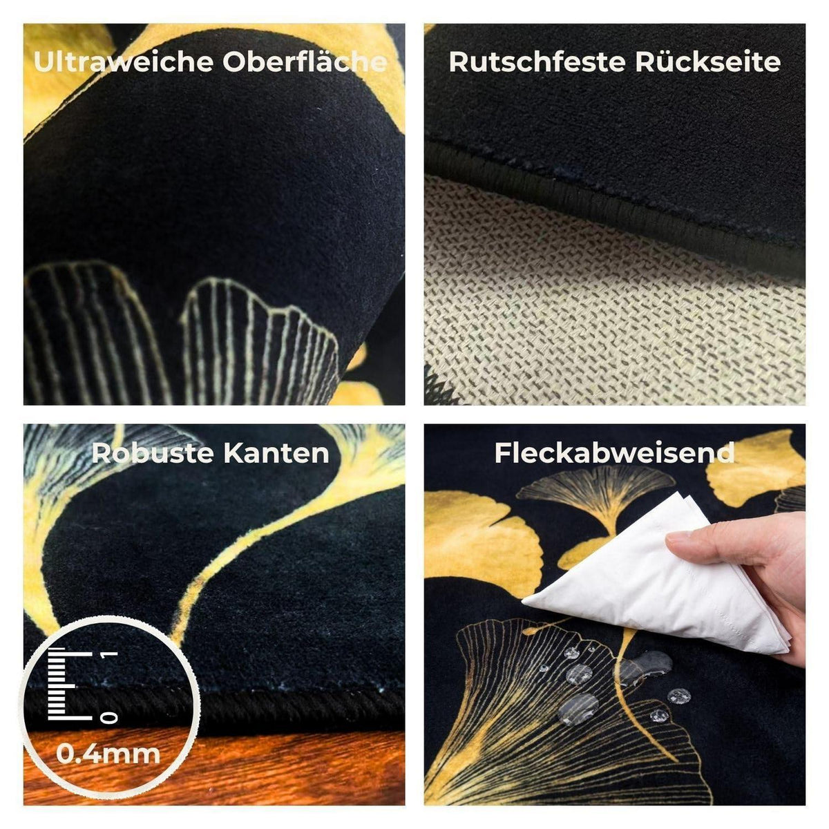 Waschbarer Teppich Schwarz-Gold 200x300 cm – Ginkgo Kurzflor Wohnteppich