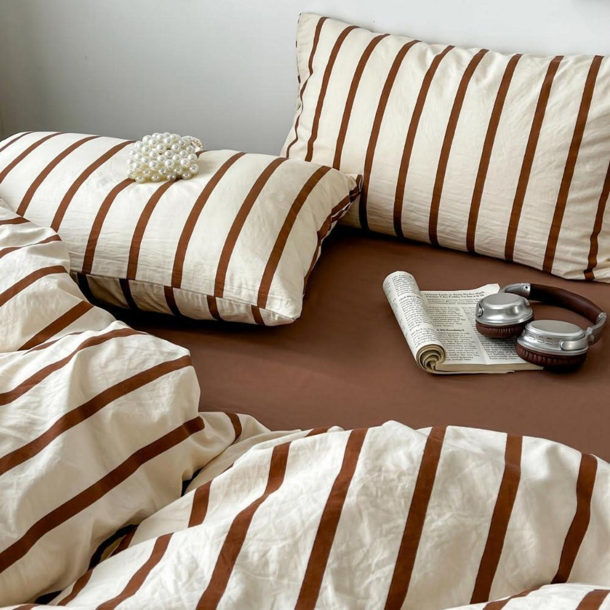 Vintage Bettwäsche-Set 220x240 Beige Braun Gestreift 3-teilig