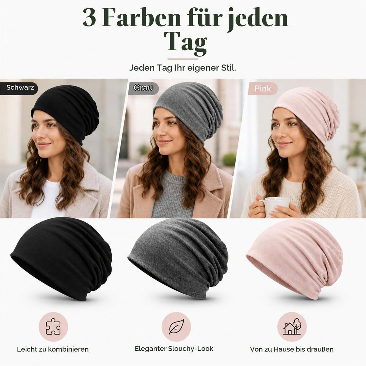 3er Set Damen Strickmützen, dünn & weich, für alle Jahreszeiten