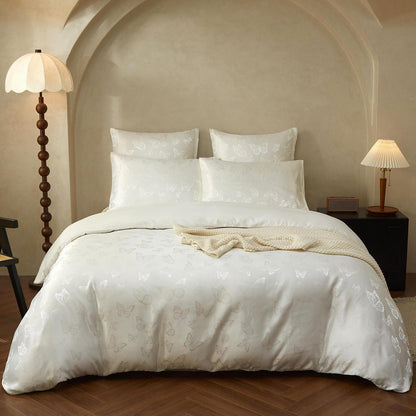 Satin Bettwäsche Set 135x200 Weiß Creme Schmetterling