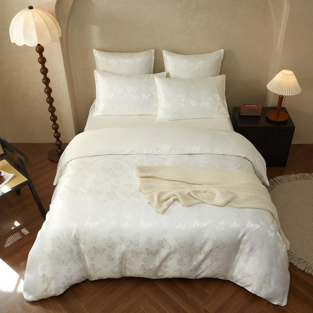 Satin Bettwäsche Set 135x200 Weiß Creme Schmetterling