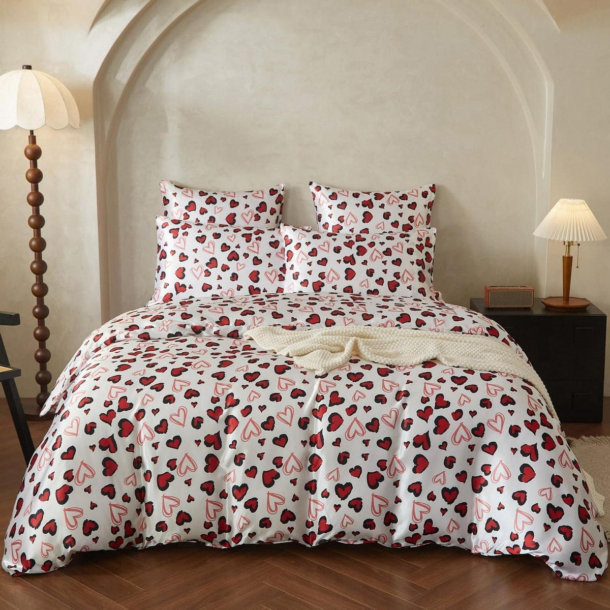 Satin Bettwäsche Set 135x200 Rot Schwarz Herzen