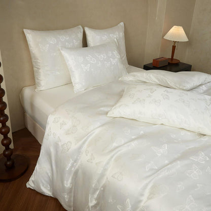 Satin Bettwäsche Set 135x200 Weiß Creme Schmetterling Jacquard