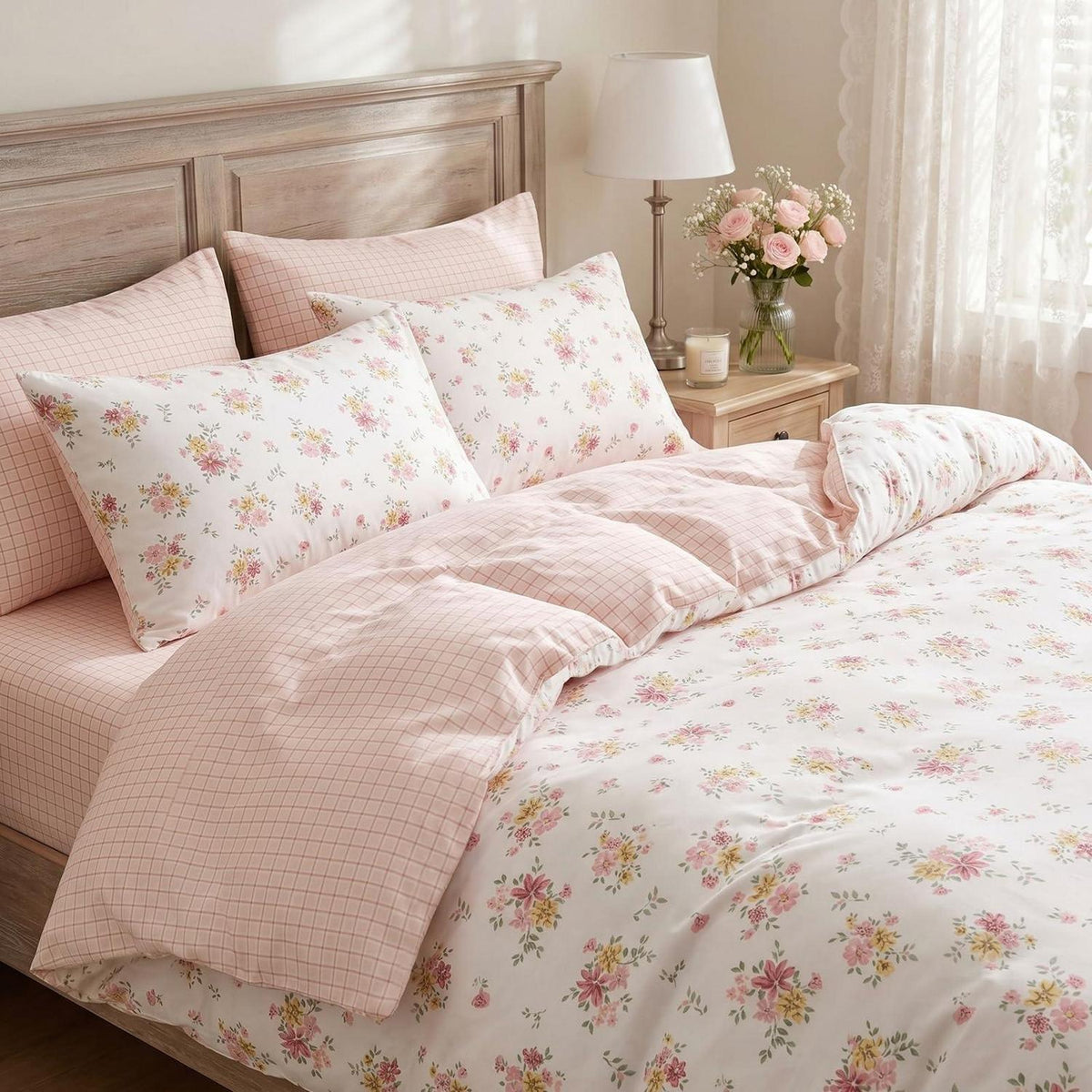Blumen Bettwäsche Set 220x240 cm, Cremeweiß Rosa Mikrofaser