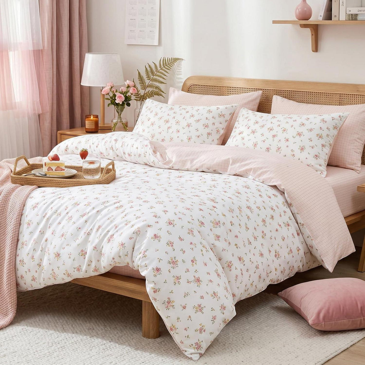Blumen Bettwäsche Set 220x240 cm, Cremeweiß Rosa Mikrofaser