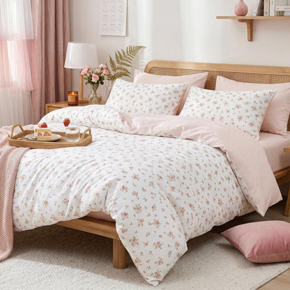 Blumen Bettwäsche Set 220x240 cm, Cremeweiß Rosa Mikrofaser