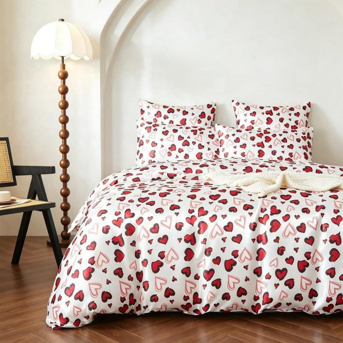 Satin Bettwäsche Set 135x200 Rot Schwarz Herzen