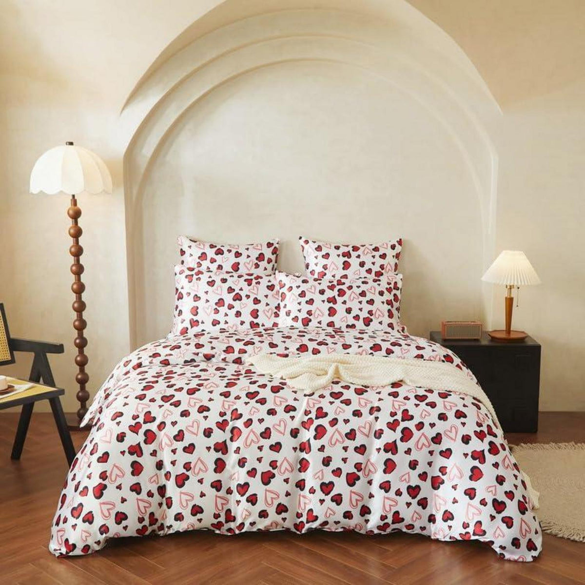Satin Bettwäsche Set 220x240 Rot Schwarz Herzen