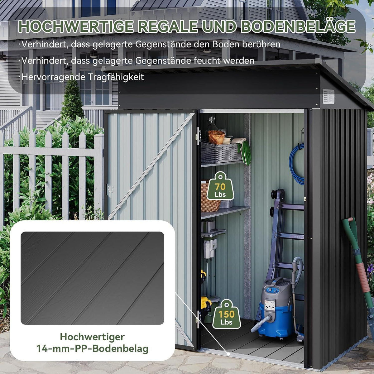 Metall Gerätehaus mit Boden & 2 Einlegeböden (90x150cm)