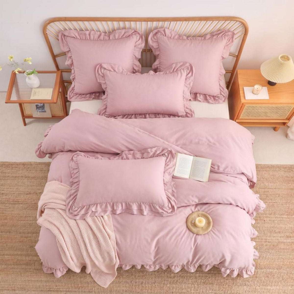 Rüschen Bettwäsche Set Rosa 200x200 + 2x 80x80cm