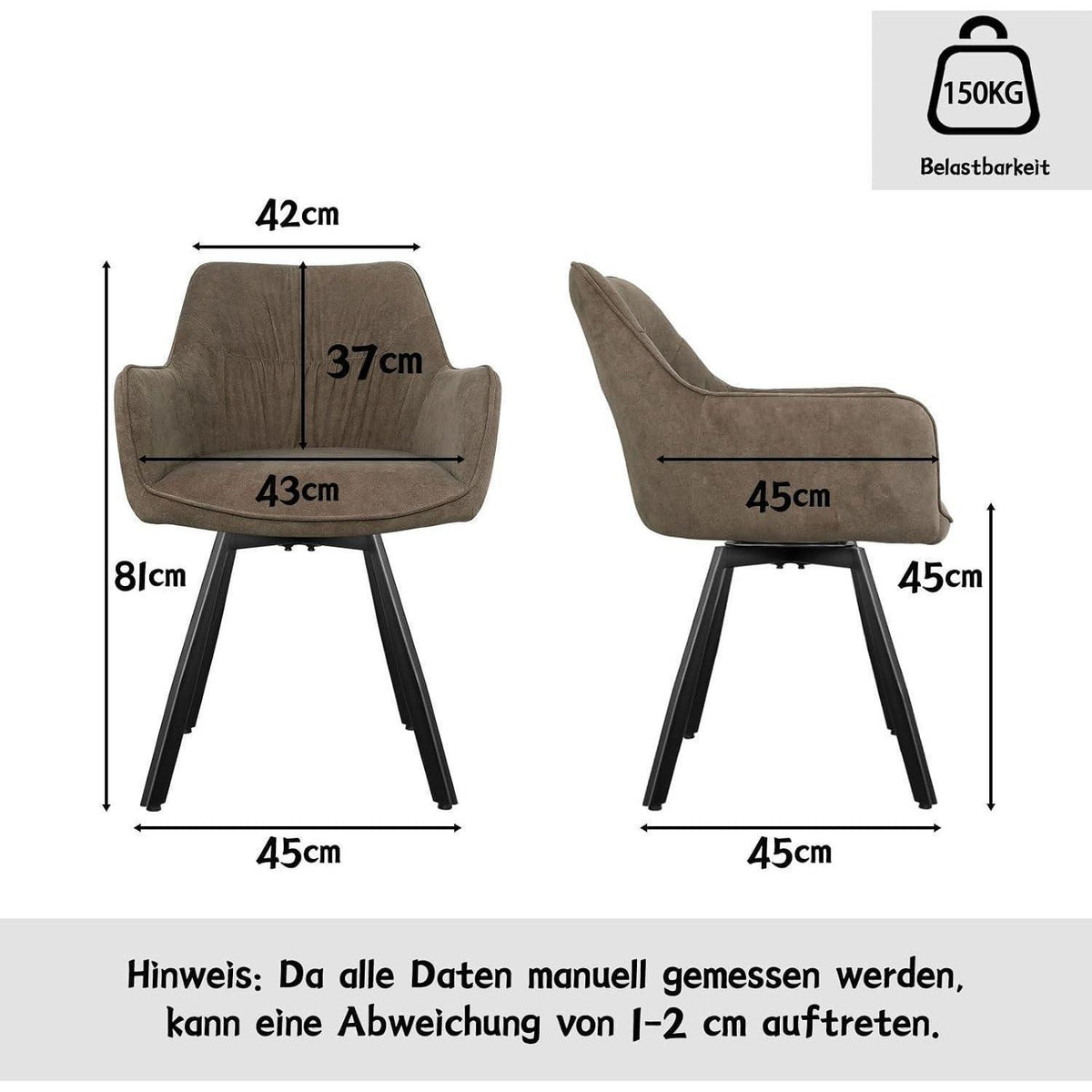 Drehbarer Esszimmerstuhl mit Armlehne | Bequemer Polsterstuhl Braun