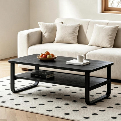 Holz Couchtisch mit 2 Ebenen & Metallbeinen – Beistelltisch Schwarz