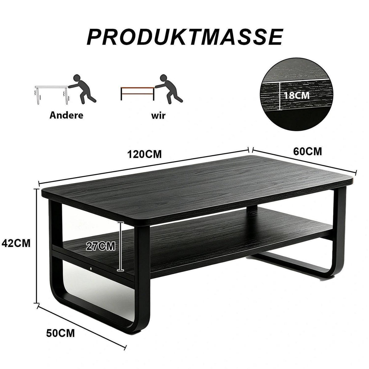 Holz Couchtisch mit 2 Ebenen & Metallbeinen – Beistelltisch Schwarz