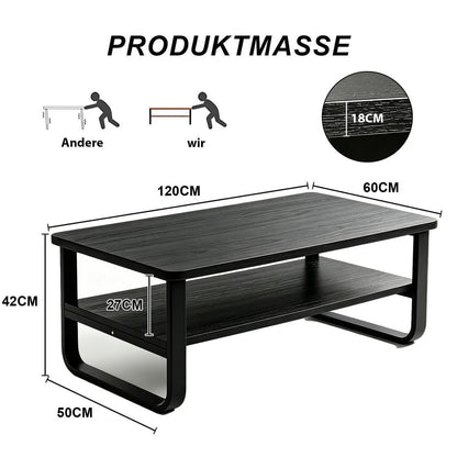 Holz Couchtisch mit 2 Ebenen & Metallbeinen – Beistelltisch Schwarz