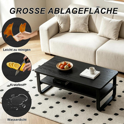 Holz Couchtisch mit 2 Ebenen & Metallbeinen – Beistelltisch Schwarz
