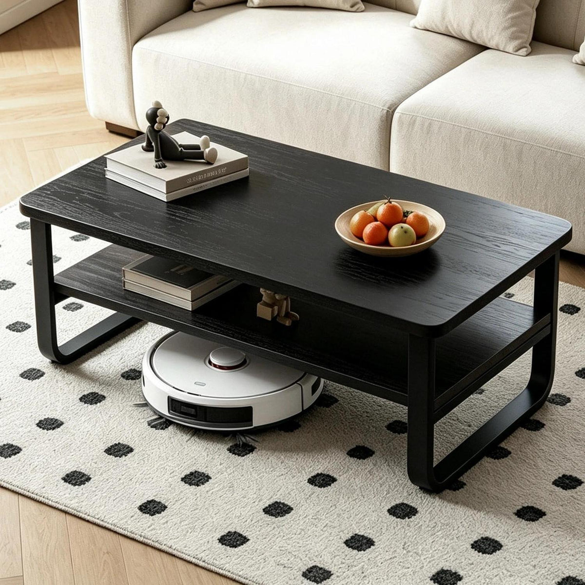 Holz Couchtisch mit 2 Ebenen & Metallbeinen – Beistelltisch Schwarz