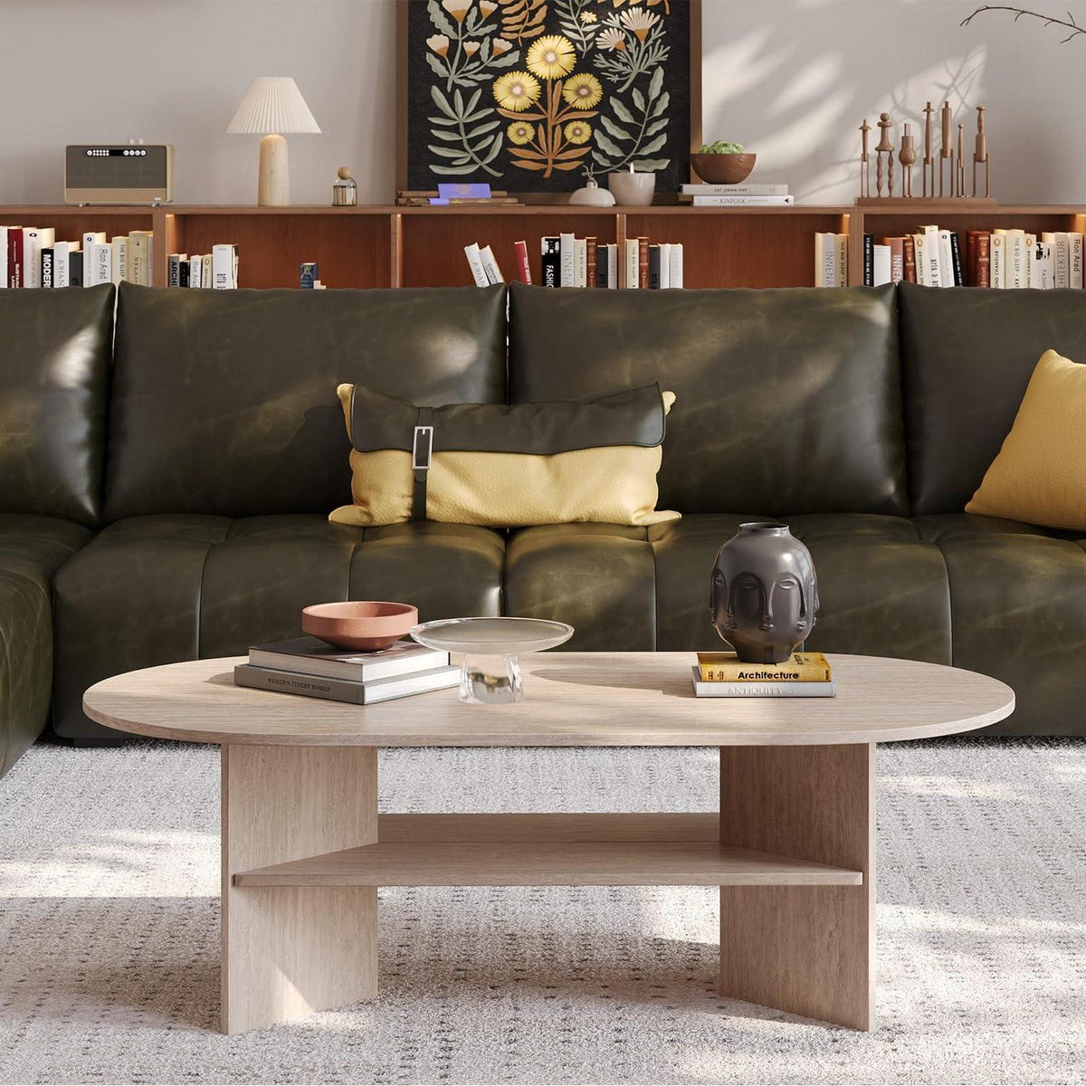 Moderner Couchtisch oval mit Ablage – Travertin-Farbe