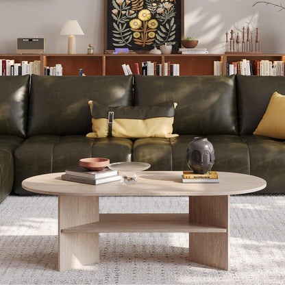 Moderner Couchtisch oval mit Ablage – Travertin-Farbe