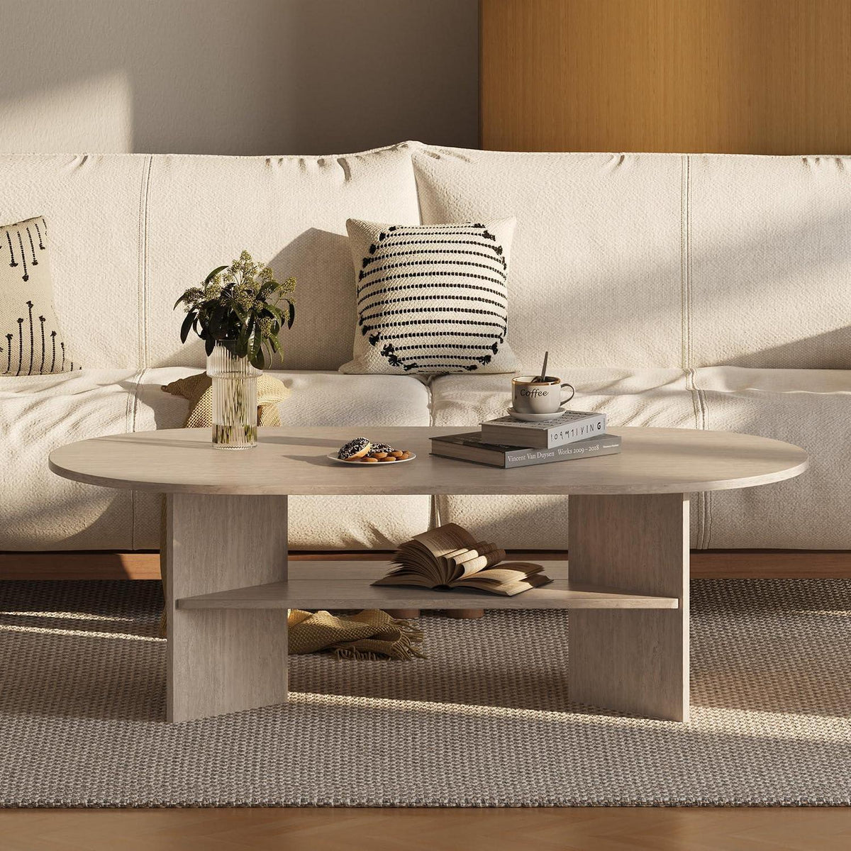 Moderner Couchtisch oval mit Ablage – Travertin-Farbe