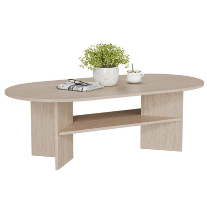 Moderner Couchtisch oval mit Ablage – Travertin-Farbe